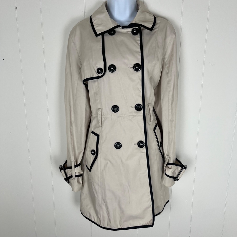 Betsey Johnson Cream Corset Trench Coat Black Trim Double Breasted S/M Coquette